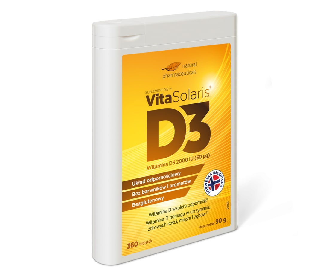 Natural Pharmaceuticals VitaSolaris® D3 Opakowanie suplementu diety VitaSolaris® witamina D3 2000 IU, wspierającego odporność, bez glutenu i barwników.
