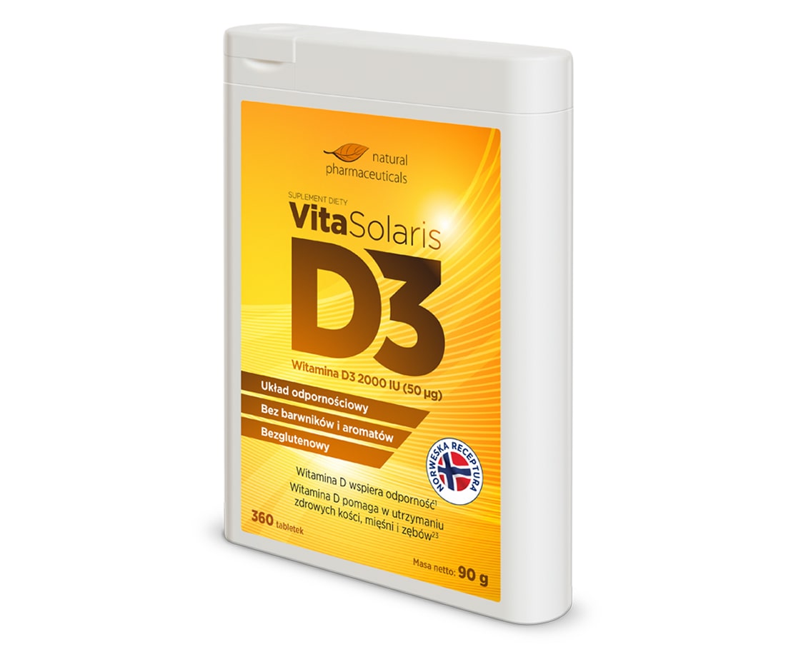 Natural Pharmaceuticals VitaSolaris® D3 Opakowanie suplementu diety VitaSolaris® witamina D3 2000 IU, wspierającego odporność, bez glutenu i barwników.